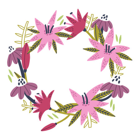 Flower Lily camomile circle frame for text in vector hand drawn style. Floral Botanical bouquet round border with leaves. Greeting card, wedding banner, invitation designのイラスト素材