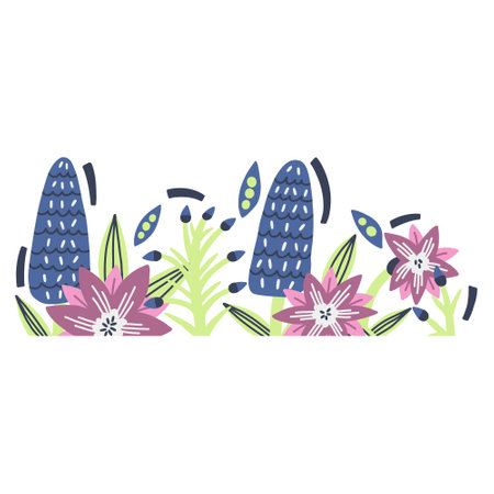 Flower Delphinium Border for text in vector hand drawn style. Floral Botanical bouquet frame with leaves. Greeting card, wedding banner, invitation designのイラスト素材