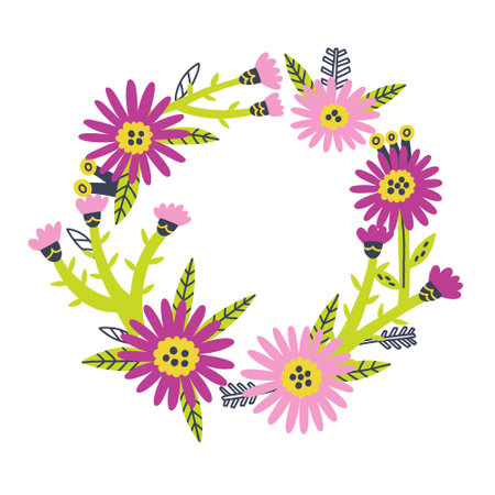 Flower Asters circle frame in vector hand drawn style. Floral Botanical bouquet round border with leaves. Greeting card, wedding banner, invitation designのイラスト素材