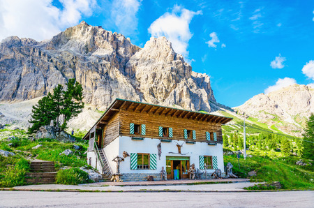 Refuge on the background of beautiful mountains, Averau-Nuvolau group, Dolomites Mountains, Italyのeditorial素材