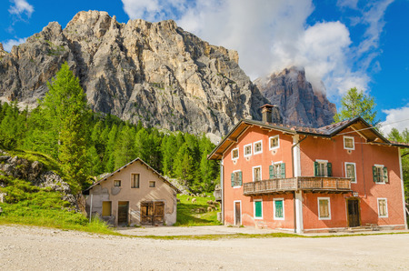 Farm with sheep in Dolomites Mountains, North Italyのeditorial素材