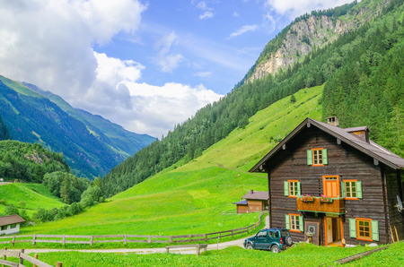 Alpine house in the background of green meadows and high peaks of the Alps, Zillertal, Austriaのeditorial素材