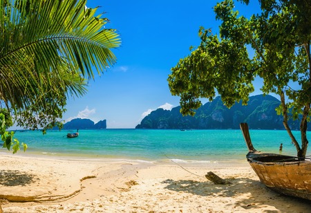 Exotic beach with palms and boats on azure water, Phi Phi Island, Phuket area, Thailand