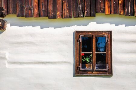 Wooden window bleached white wooden cottage, Slovakia, Europeの写真素材