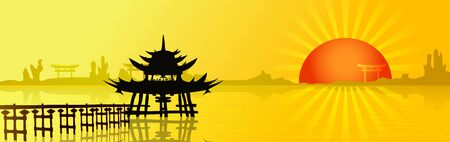 Sunset In Asia - Asian landscape with a big red sunのイラスト素材