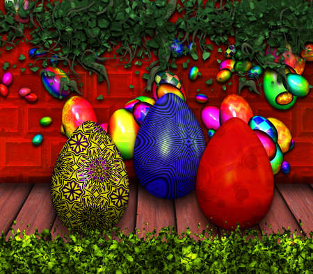 Easter eggs on a wooden surface with background of plants.の写真素材