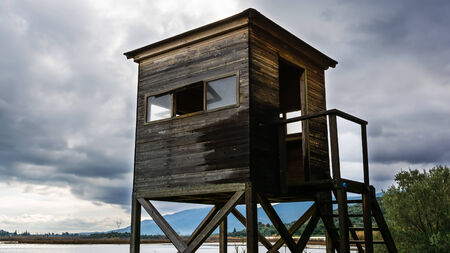 Monitoring point in the Psifta lake with dramatic skyの写真素材