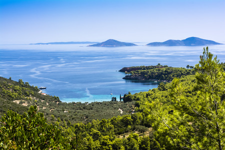 Bird eye view of a bay in Alonissosの写真素材