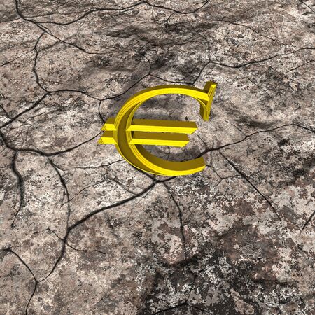 3d illustration of golden euro sign on rock with crackの写真素材