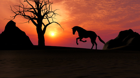 Illustration of a horse running under sunset in the desertの写真素材