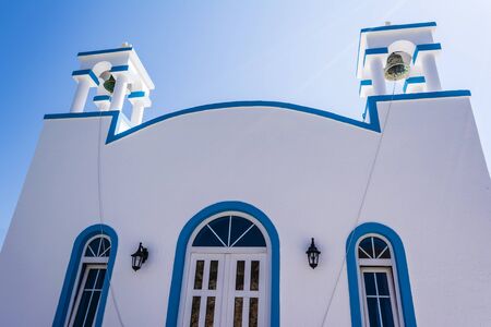 Blue White orthodox church at Firopotamos, Milos island, Cyclades, Greeceの写真素材