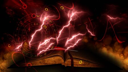 Vintage magic book with feather pen on bokeh background with thunderbolts