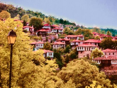 Picturesque mountain village in Greece - painting effectの写真素材