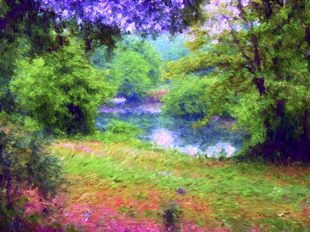 Digital painting illustration art. Small lake in the forest. Can be used for wallpaper, canvas print, decoration, banner and advertising.の写真素材