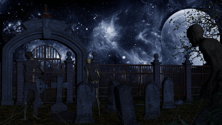 Walking dead in spooky cemeteryの写真素材