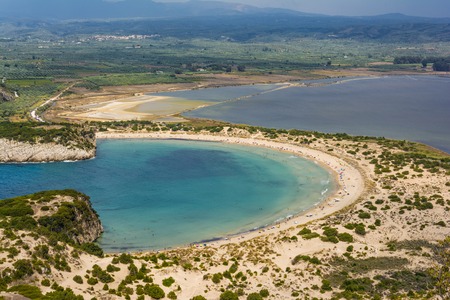 View of Voidokilia beach in the Peloponnese region of Greece, from the Palaiokastroの写真素材