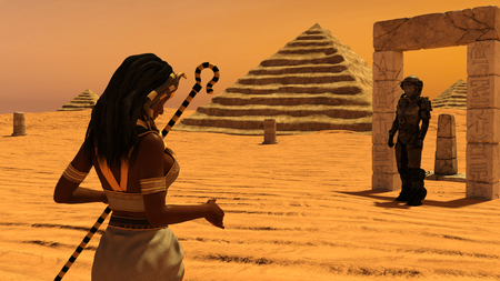 An ancient Egyptian woman watching a man from space - 3d renderingの写真素材