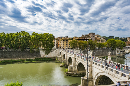 View of people walk on St Angel Bridge from Castel SantAngelo in Rome cityのeditorial素材