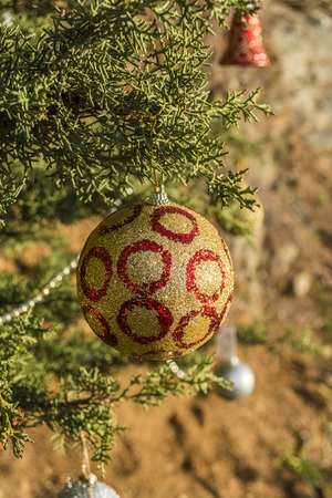 Decorated Christmas tree in the forest at nature background.の写真素材