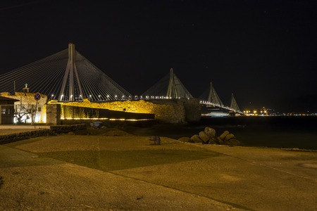 View of Rio-Antirio bridge at night, Greeceの写真素材