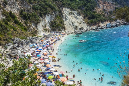 Lefkada island, Agiofilli beach, Greece. Summer holidays, many people on the beach, sea swimmingのeditorial素材