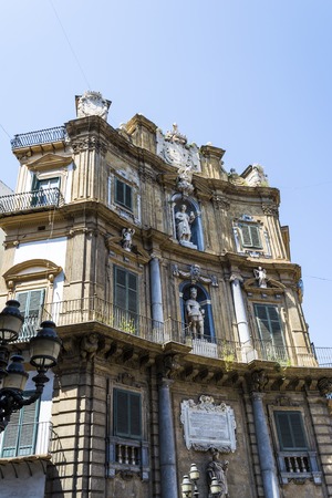 Palermo Sicily Historic Buildings. Old Architecture with statuesの写真素材