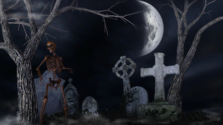 Skeleton in a spooky cemeteryの写真素材