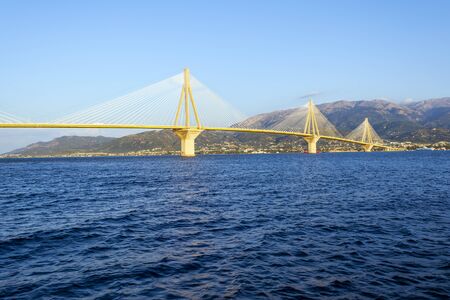 Cable-stayed suspension bridge crossing Corinth Gulf strait, Greeceの写真素材