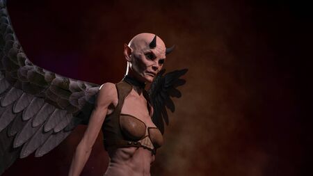 Horned female demon posing over red dark background - 3d renderingの写真素材