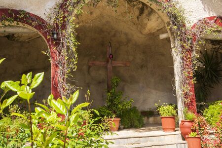 Big wooden cross inside the Orthodox monastery Moni Agiou Ioanni Theologouの写真素材