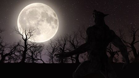 Illustration of a werewolf during the full moon in the creepy forest - 3d renderingの写真素材