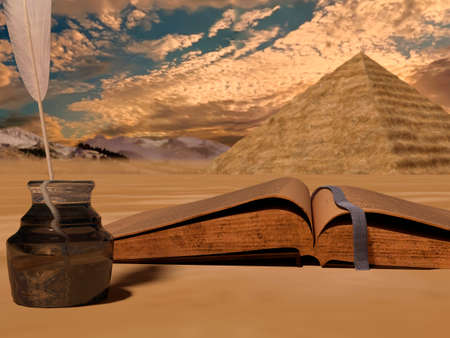 Vintage old book on desert background with pyramid