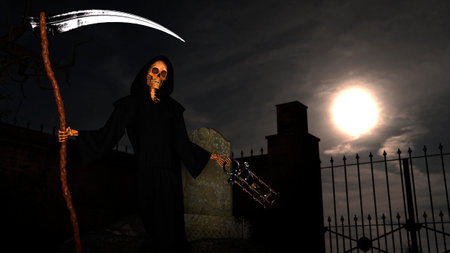 A graveyard and death skeleton in the hood standing on it with a scythe on a night background with moonの写真素材