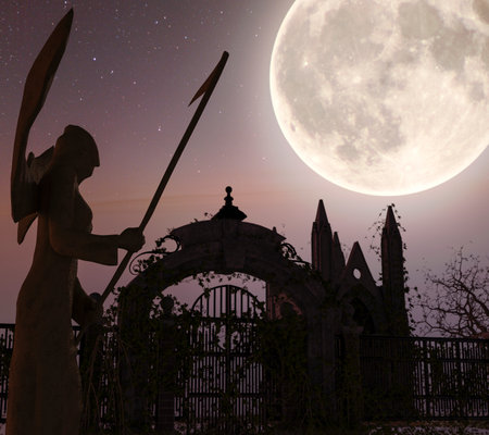 Angel of Death in front of a gate - Spooky night background with moon - 3d renderingの写真素材