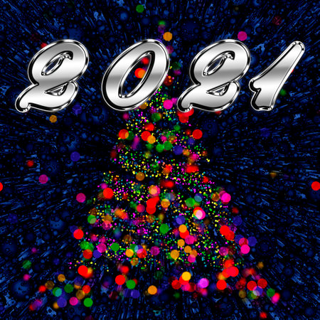 Christmas 2021 abstract bokeh tree with colorful balls on dark background