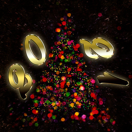 Christmas 2021 abstract bokeh tree with colorful balls on dark backgroundの写真素材