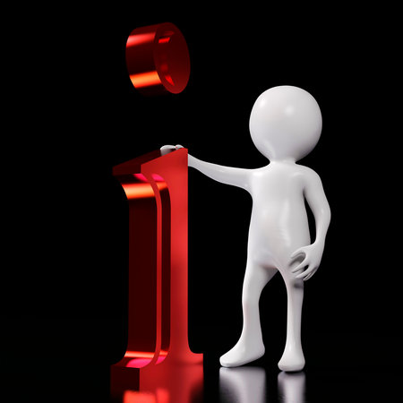 White 3d man standing next to red-letter i at dark background. Illustration of information concept - 3d renderingの写真素材