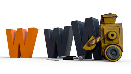 A retro robot with WWW under construction sign. Technology concept over white background.の写真素材