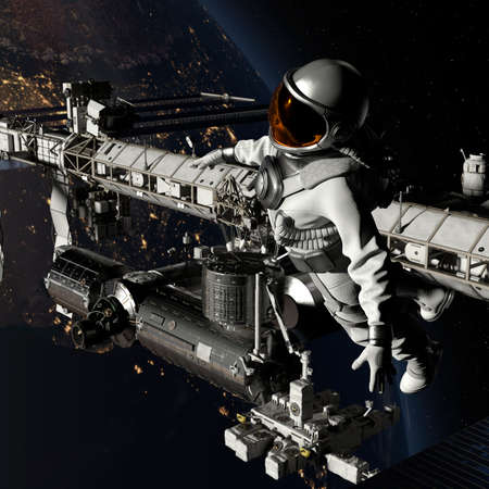 Astronaut walking in space near a space station with earth background - 3d renderingの写真素材