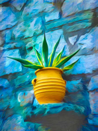 Digital painting of a yellow-green flower in a jar with blue background - painting effectの写真素材