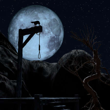 Gallow on a spooky night with a blue full moon. A crow sits on it - 3d rendering