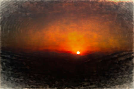 Digital painting of a sunset in mountains. Illustration.の写真素材