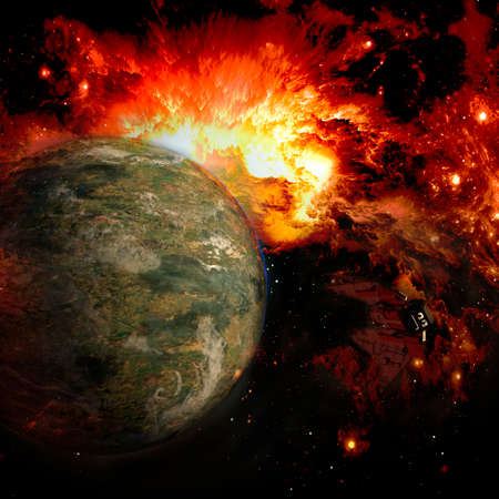 Space ship approaching a new green planet - 3d rendering