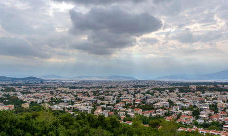 Panoramic view of cloudy Athens, taken shot from Penteli mountain. Greece.の写真素材
