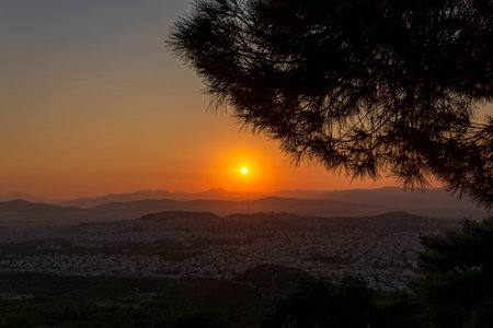 Sunset panoramic view of Athens from the hymettus mountain, Greece.の写真素材