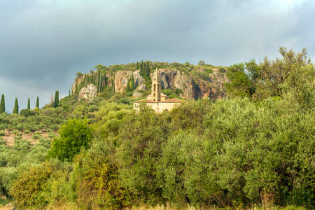 Remote view of church Agios Spyridon in Kardamyli, Mani, Greeceの写真素材