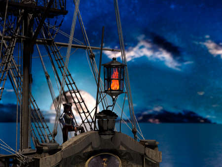 Pirate woman in sail ship at moonlight - 3d renderingの写真素材