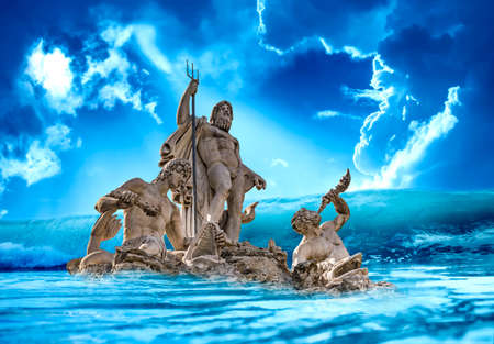 Photomontage of the fountain of Greek God Neptune, Piazza del Popolo, Rome, Italy. The statue is inside the sea with a dramatic sky.の写真素材