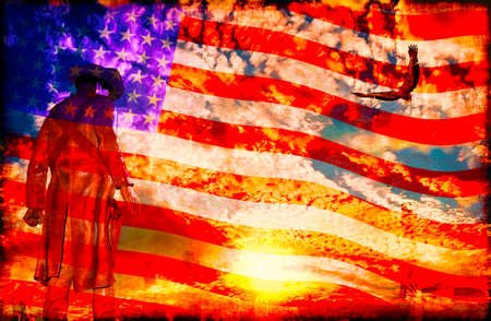 Cowboy at sunset with an eagle and American flag background