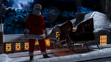 Santa Claus walking on the rooftop and chimneys at the Christmas night with moonlight - 3d renderingの写真素材